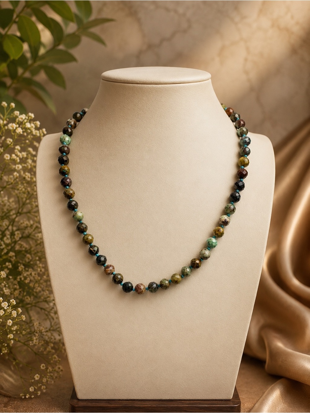 Chrysocolla 8mm Faceted Hand-Knotted Necklace 18-20” Adjustable by Aprilsplace